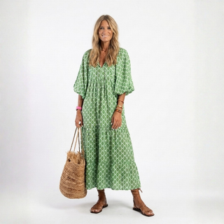 APOLLINE™ | Three Quarter Sleeve V-Neck Patterned Midi Dress