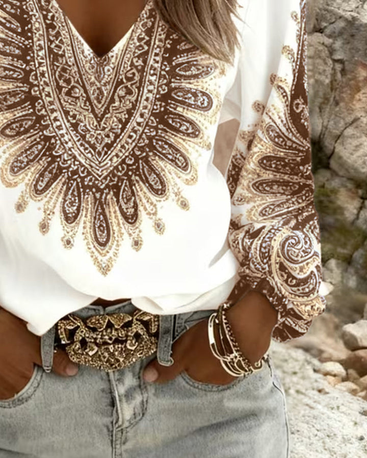 Elaiza | V-Neck Top with Retro Print
