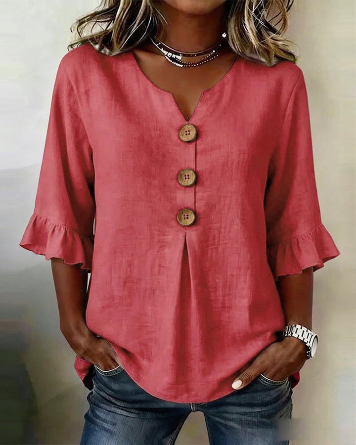 Mariana | V-Neck Blouse with Wooden Buttons and Ruffled Sleeves