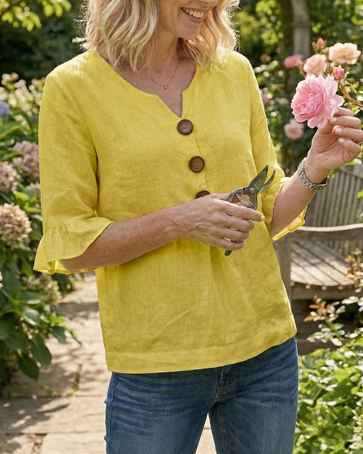 Mariana | V-Neck Blouse with Wooden Buttons and Ruffled Sleeves