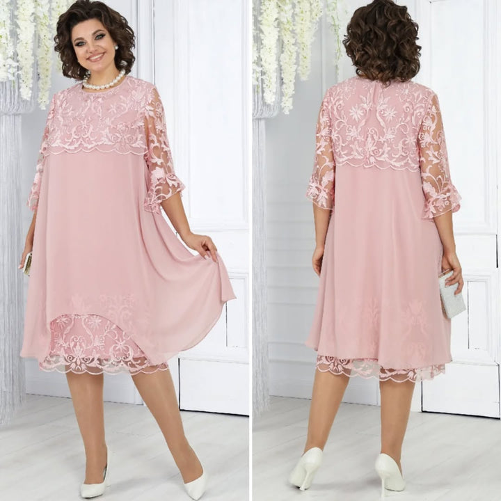 LIVIA | Women's Embroidered Patchwork Chiffon Dress Round Neckline