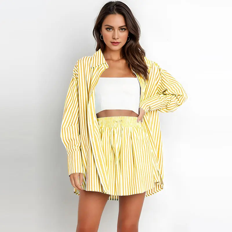 TIFY™ - Chic Striped Collared Shirt and Wide-Leg Shorts Set