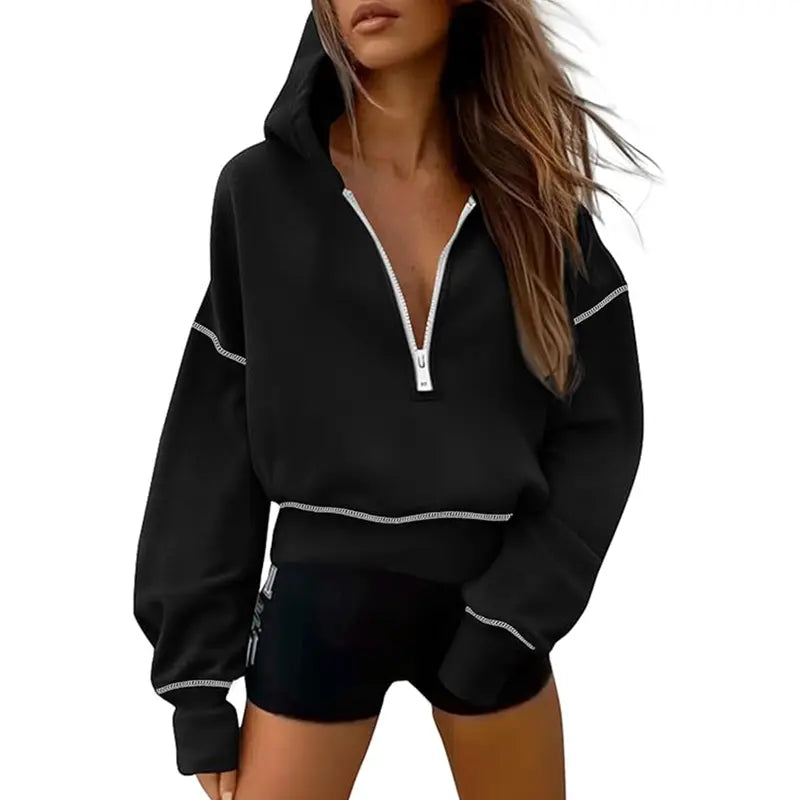 GRETEL™ - Cropped Hooded Pullover Sweatshirt with Zipper & Stitching Detail