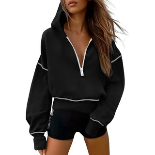 GRETEL™ - Cropped Hooded Pullover Sweatshirt with Zipper & Stitching Detail