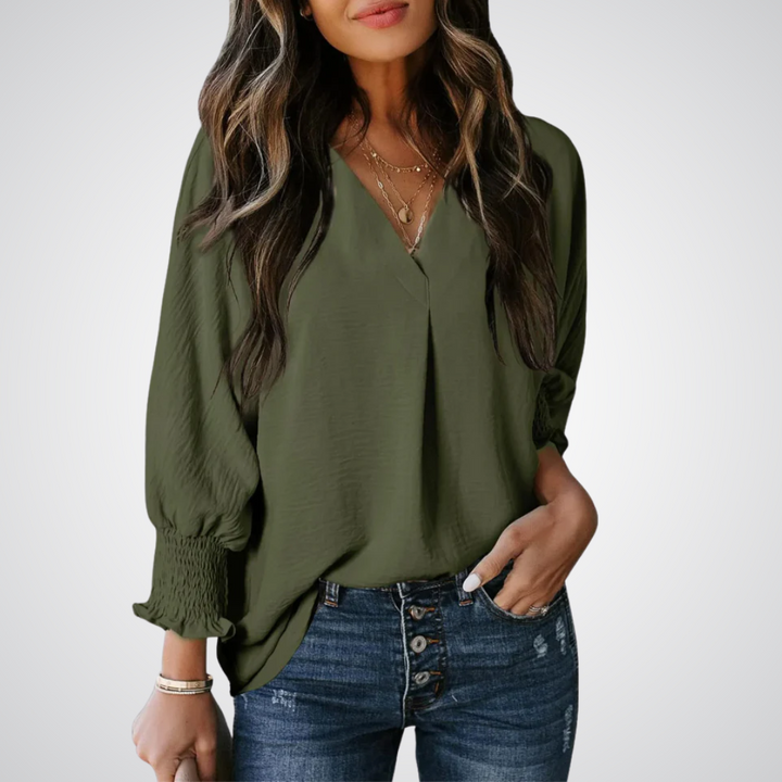 Leila - Classic V-Neck Tunic Blouse