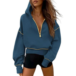 GRETEL™ - Cropped Hooded Pullover Sweatshirt with Zipper & Stitching Detail