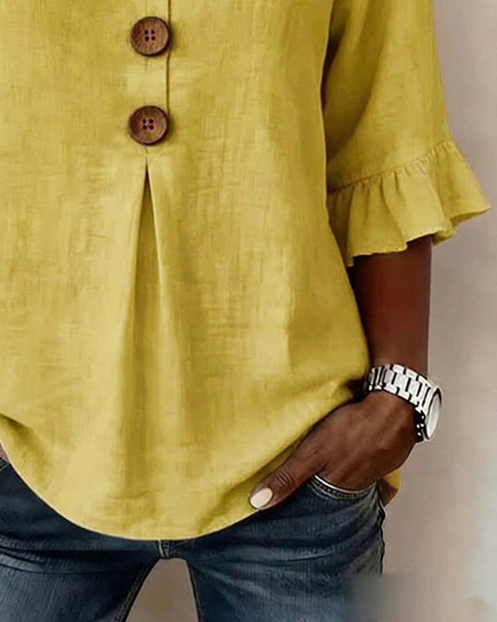 Mariana | V-Neck Blouse with Wooden Buttons and Ruffled Sleeves