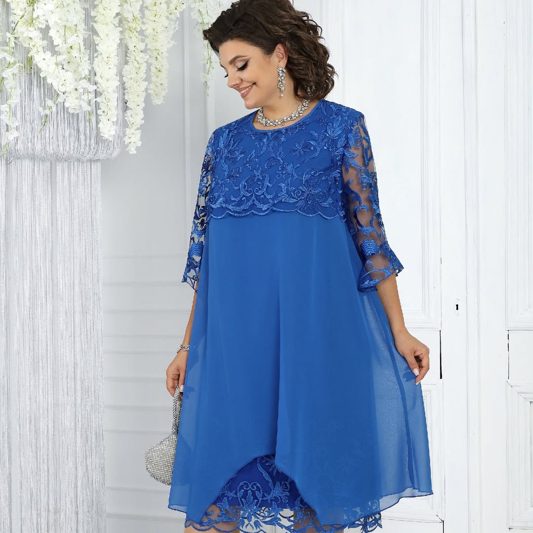 LIVIA | Women's Embroidered Patchwork Chiffon Dress Round Neckline
