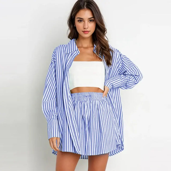 TIFY™ - Chic Striped Collared Shirt and Wide-Leg Shorts Set