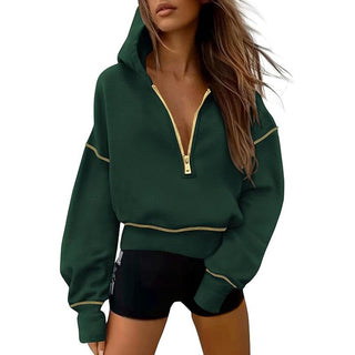 GRETEL™ - Cropped Hooded Pullover Sweatshirt with Zipper & Stitching Detail