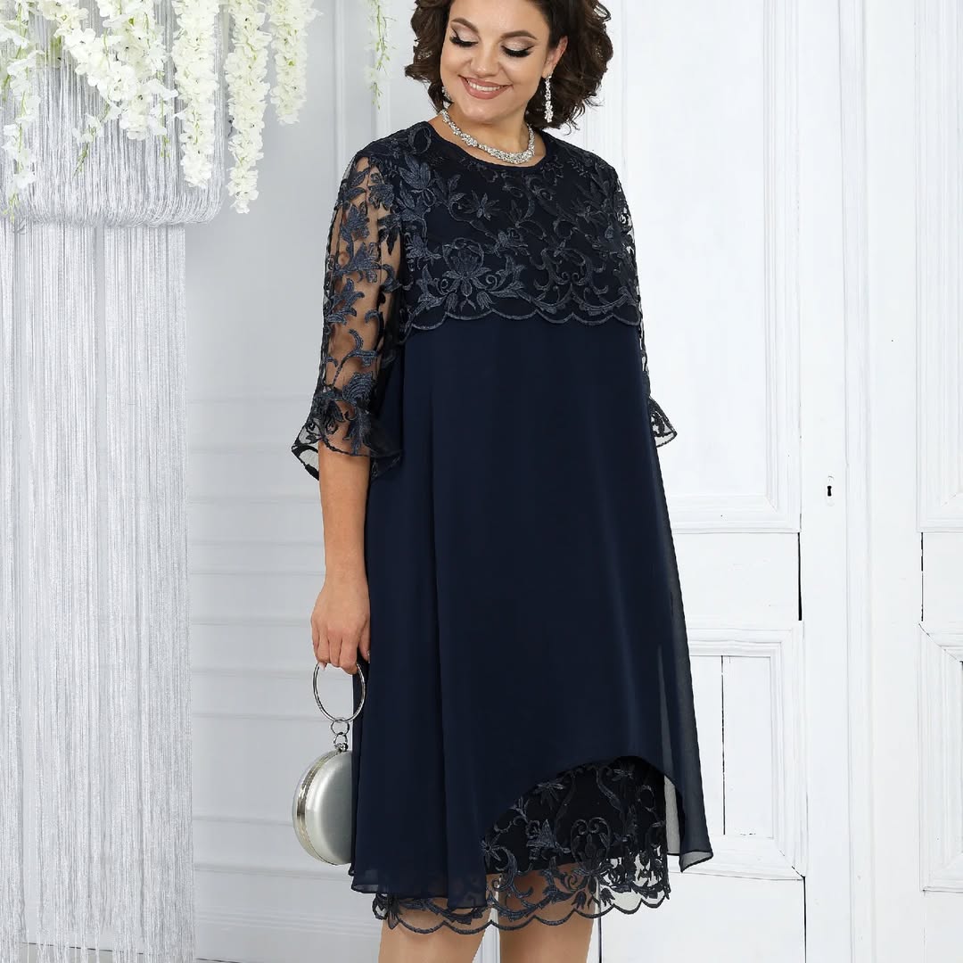 LIVIA | Women's Embroidered Patchwork Chiffon Dress Round Neckline