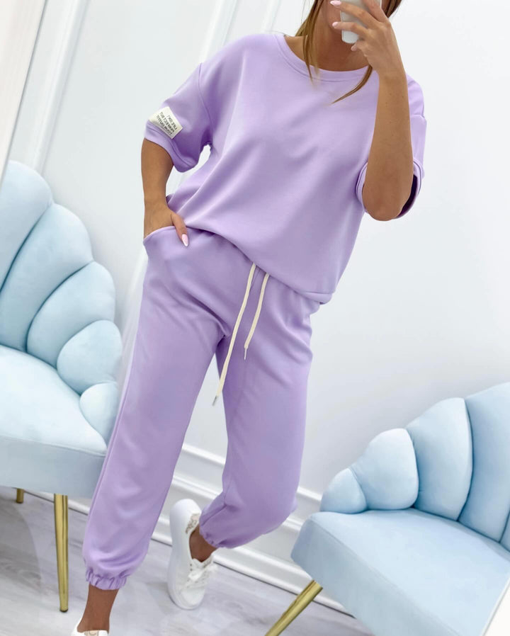 ELENZA | Women's Casual Two-Piece Set with Solid Top and Trousers