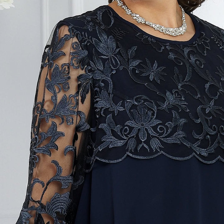 LIVIA | Women's Embroidered Patchwork Chiffon Dress Round Neckline