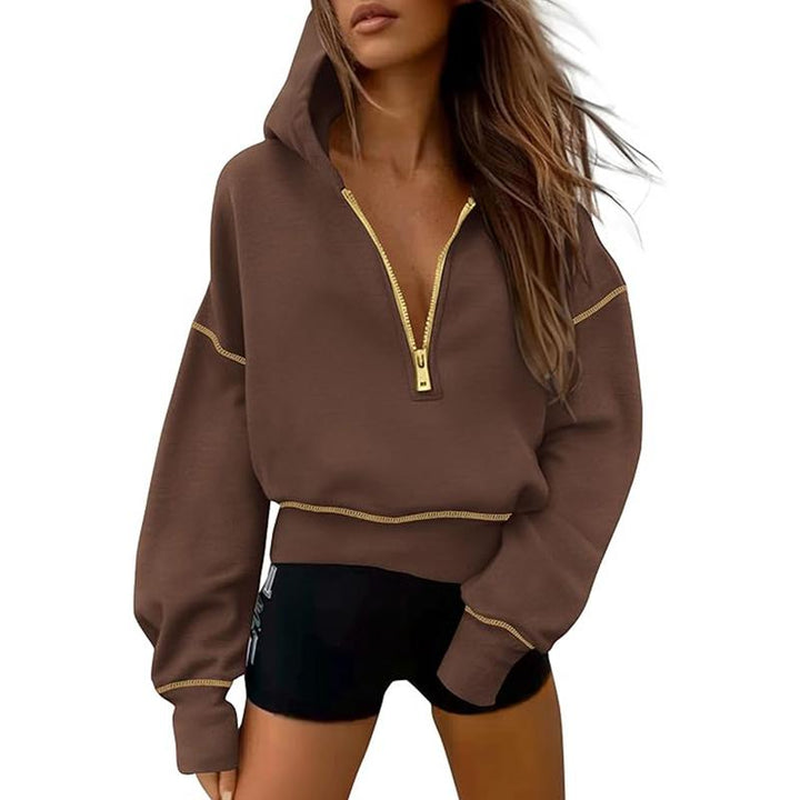 GRETEL™ - Cropped Hooded Pullover Sweatshirt with Zipper & Stitching Detail