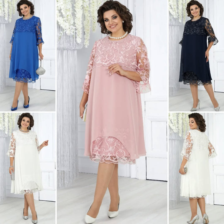 LIVIA | Women's Embroidered Patchwork Chiffon Dress Round Neckline