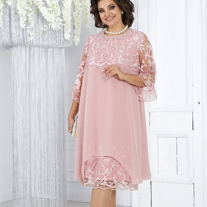 LIVIA | Women's Embroidered Patchwork Chiffon Dress Round Neckline