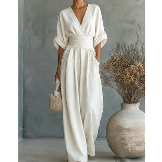 Slimelle | V-Neck Wide-Leg Jumpsuit