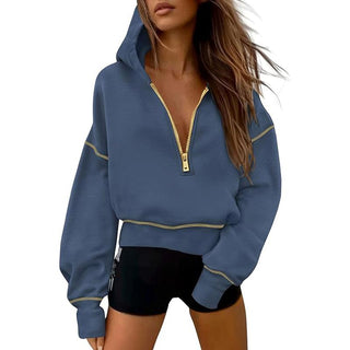 GRETEL™ - Cropped Hooded Pullover Sweatshirt with Zipper & Stitching Detail