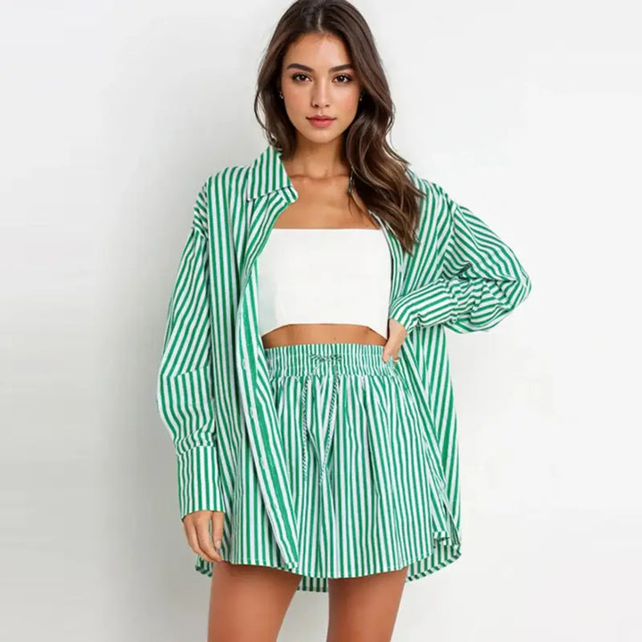 TIFY™ - Chic Striped Collared Shirt and Wide-Leg Shorts Set