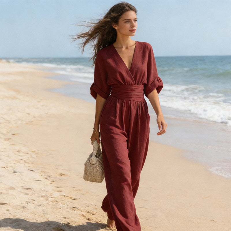 Slimelle | V-Neck Wide-Leg Jumpsuit