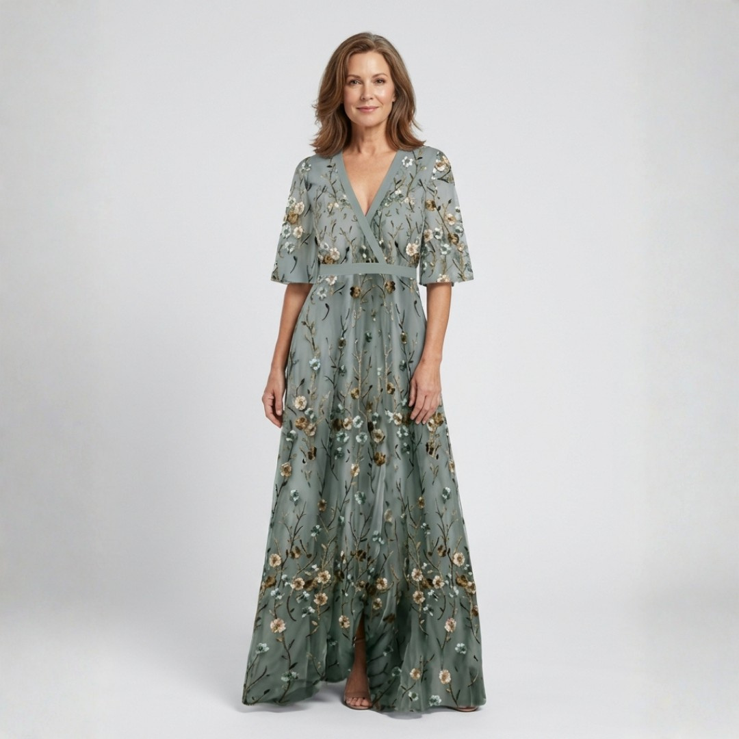 EVADNE™ | Floral V-Neck Short-Sleeve Maxi Dress
