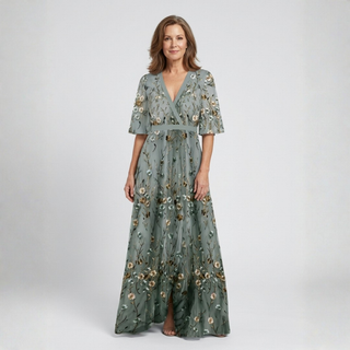 EVADNE™ | Floral V-Neck Short-Sleeve Maxi Dress