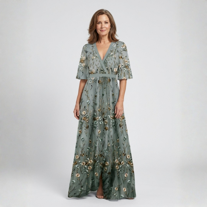 EVADNE™ | Floral V-Neck Short-Sleeve Maxi Dress