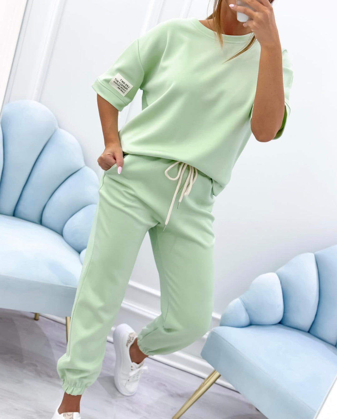 ELENZA | Women's Casual Two-Piece Set with Solid Top and Trousers