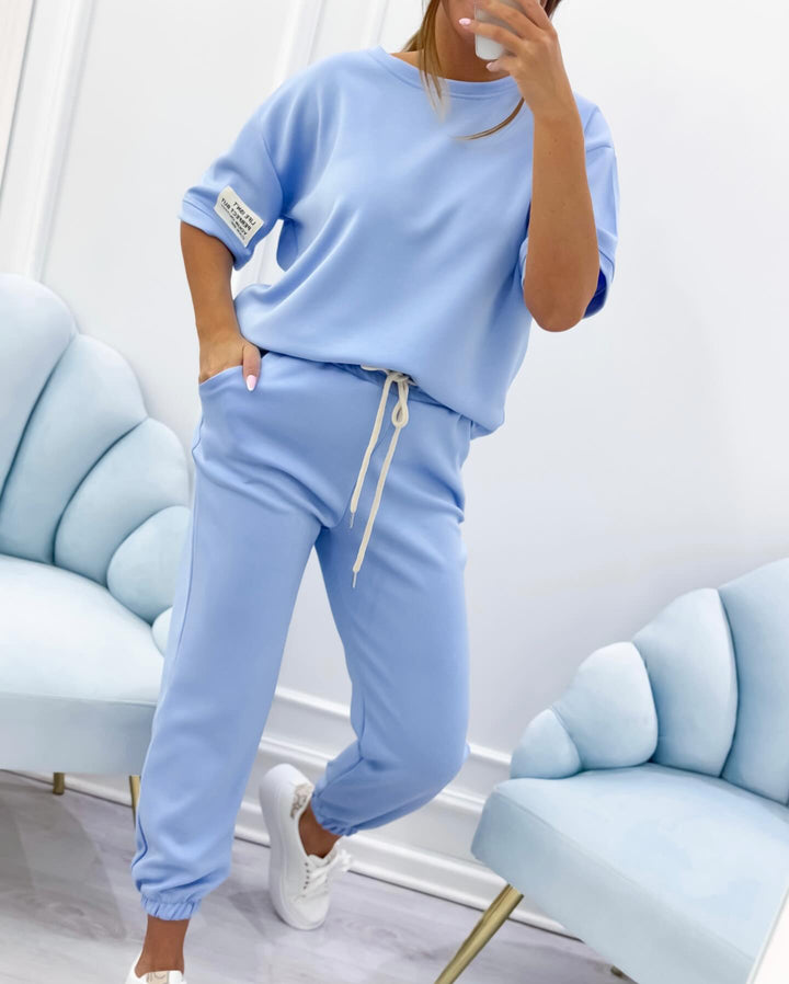 ELENZA | Women's Casual Two-Piece Set with Solid Top and Trousers