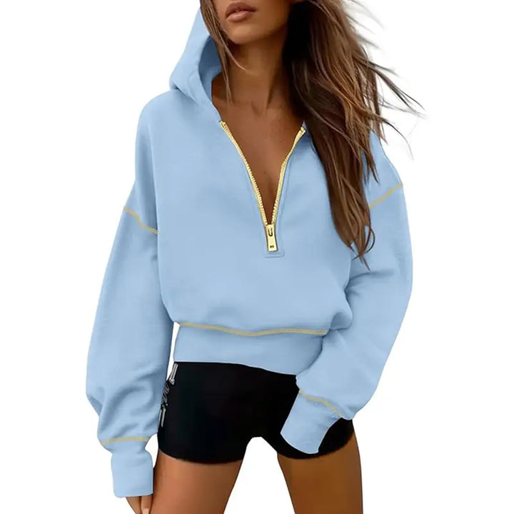GRETEL™ - Cropped Hooded Pullover Sweatshirt with Zipper & Stitching Detail