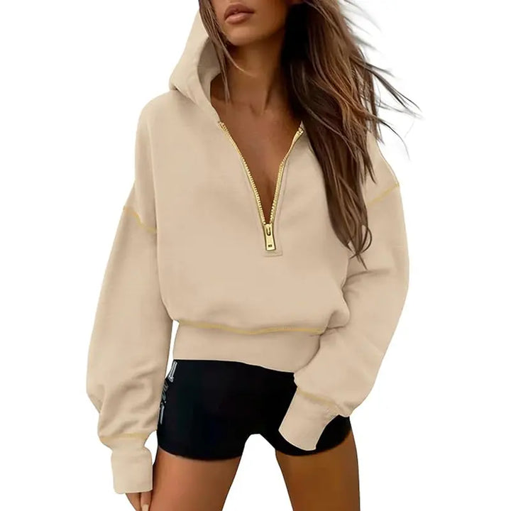 GRETEL™ - Cropped Hooded Pullover Sweatshirt with Zipper & Stitching Detail