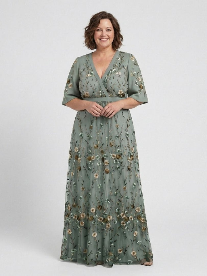 EVADNE™ | Floral V-Neck Short-Sleeve Maxi Dress