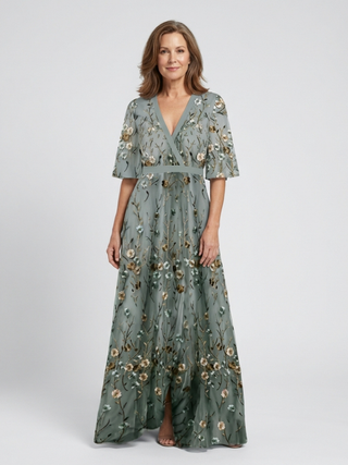 EVADNE™ | Floral V-Neck Short-Sleeve Maxi Dress