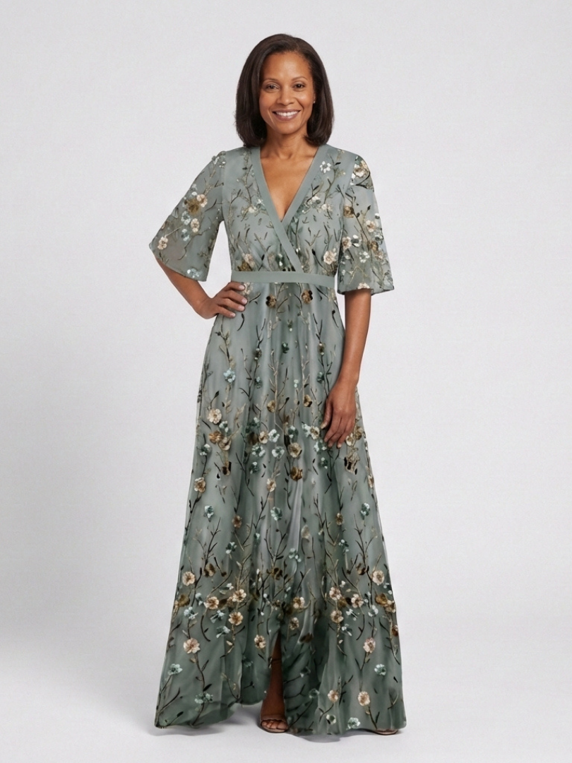 EVADNE™ | Floral V-Neck Short-Sleeve Maxi Dress
