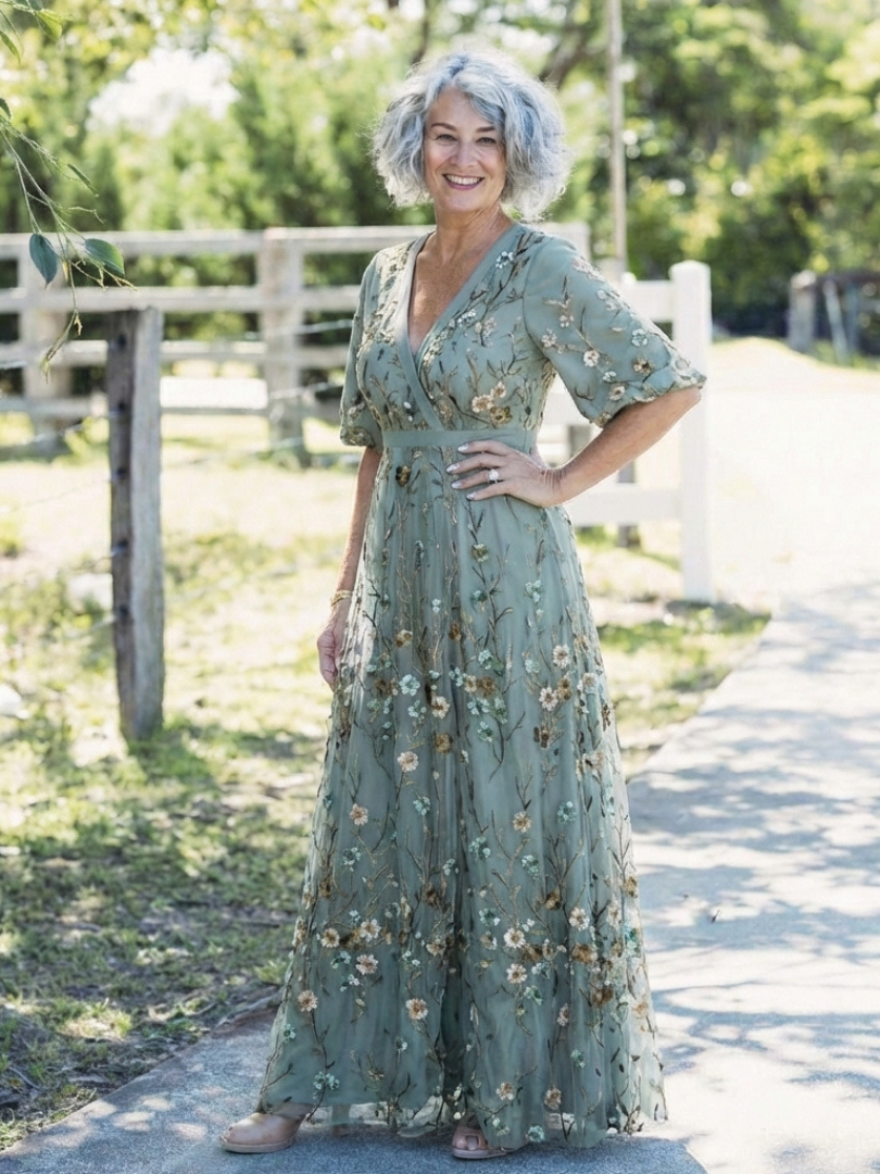 EVADNE™ | Floral V-Neck Short-Sleeve Maxi Dress