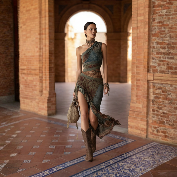 MARIA | Long Asymmetrical Dress with an Ethnic Print