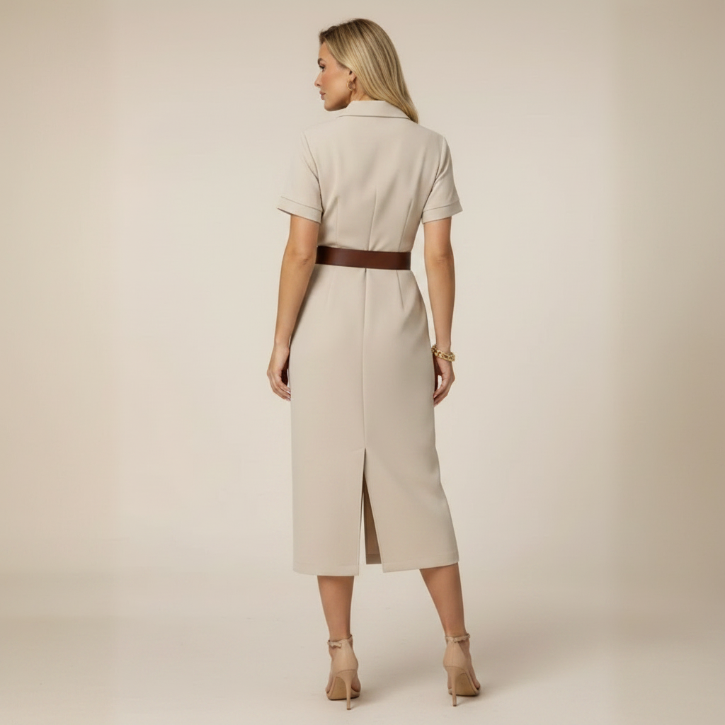 NADINE | Elegant Tailored Midi Dress with Belt and Front Slit