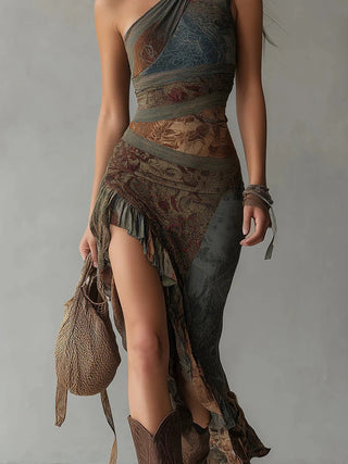 MARIA | Long Asymmetrical Dress with an Ethnic Print