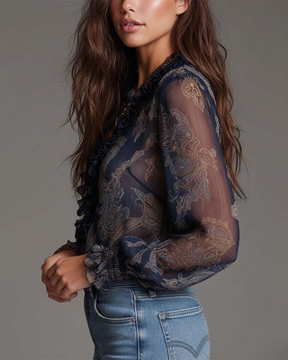 Demi-Zip Ruffled Retro Blouse