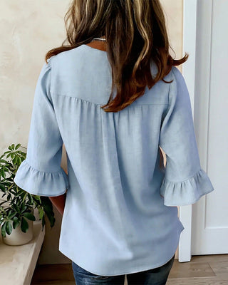 Mariana | V-Neck Blouse with Wooden Buttons and Ruffled Sleeves