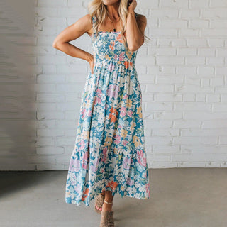 FIONA™ | Floral Maxi Dress Smocked Bodice Adjustable Straps