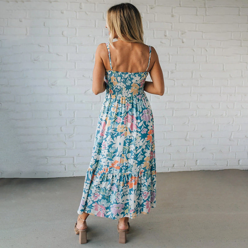 FIONA™ | Floral Maxi Dress Smocked Bodice Adjustable Straps