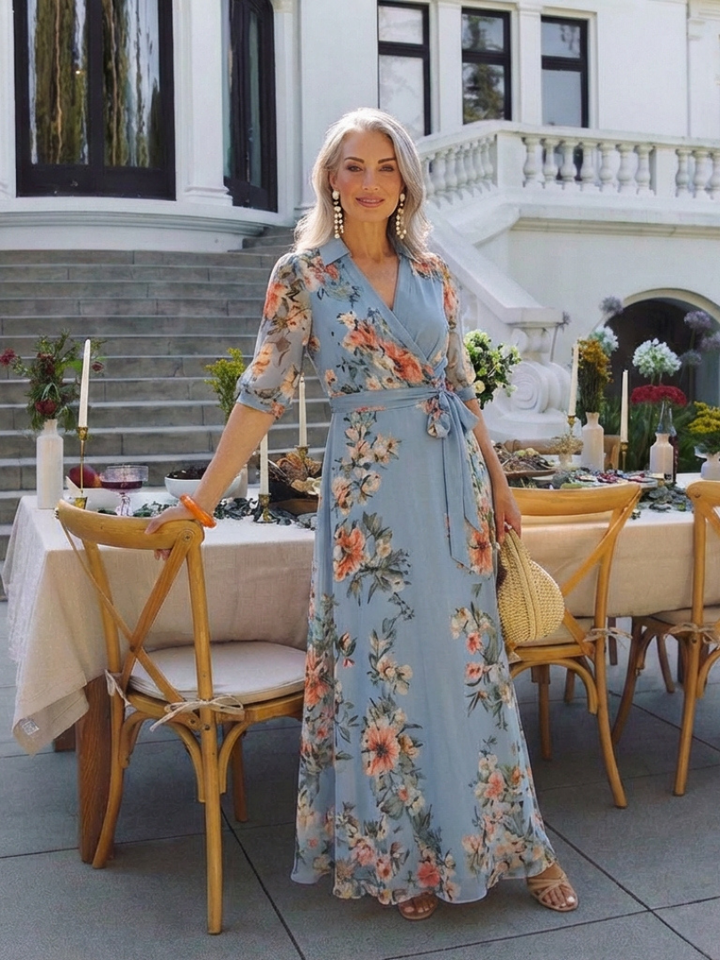 ELOWEN™ | Floral Wrap V-Neck Maxi Dress